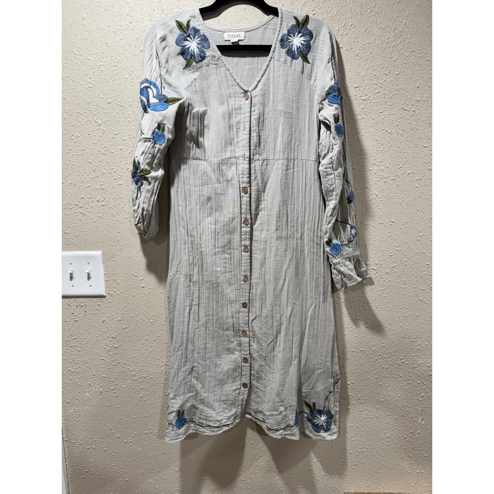 Roolee Floral Embroidered Button Front Gauze Midi Dress‎ Grey XS Boho Duster